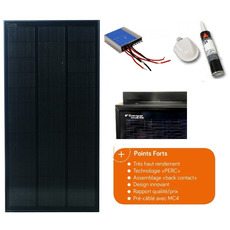 Miniature Kit Solaire complet pré-câblé (5m), panneau PERC 150W, rég. MPPT, passe-toit, colle, cornières alu noires - ENERGIE MOBILE N° 0 Miniature Kit Solaire complet pré-câblé (5m), panneau PERC 150W, rég. MPPT, passe-toit, colle, cornières alu noires - ENERGIE MOBILE N° 0