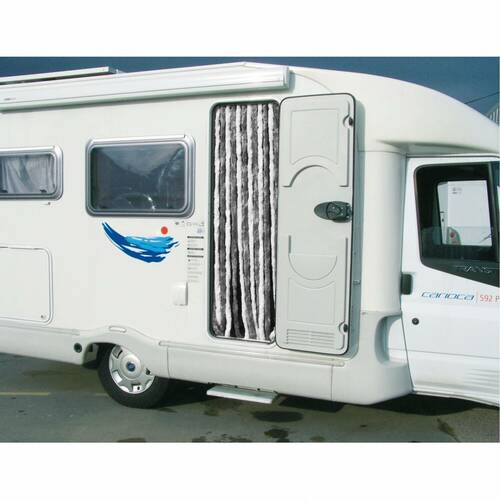 Rideau chenille pour porte camping-car, caravane Coloris : Chenilles tricolores Noir/Blanc/Gris - INCASA