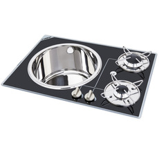 Miniature Réchaud Cristal combiné - 2 FEUX & 1 ÉVIER - 580 x 400 mm NOIR/ARGENT MAT - CARBEST N° 0