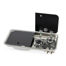 Miniature Réchaud combiné - 2 FEUX & 1 ÉVIER (A GAUCHE ) - 726 x 346 mm - NOIR/ARGENT - CARBEST N° 1