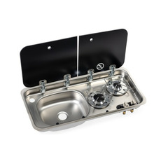 Miniature Réchaud combiné - 2 FEUX & 1 ÉVIER (A GAUCHE ) - 726 x 346 mm - NOIR/ARGENT - CARBEST N° 12