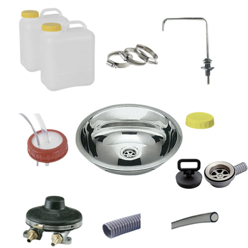 Pack évier INOX complet avec pompe à pied, robinet, tuyaux, double jerrican et accessoires – Installation eau mobile pour camping-car, caravane et fourgon aménagé