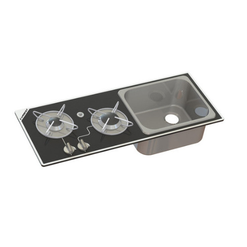 ATTENTION Produit Reconditionné - Réchaud Cristal combiné - 2 FEUX & 1 ÉVIER - 765 X 334 MM - NOIR/ARGENT MAT - CARBEST