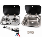 Miniature Pack Cuisine Combiné Carbest & Reich — Réchaud Gaz 2 Feux + Évier Inox Couvercles Verre Noir + Mitigeur Rabattable & Raccord Gaz 8 mm N° 0