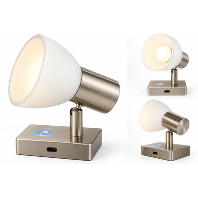 Liseuse LED en saillie avec abat-jour verre, variateur tactile & port USB-C 12/24V — Nickel