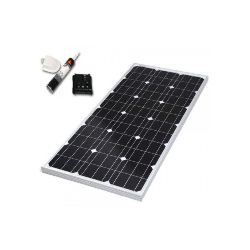 KIT SOLAIRE COMPLET PRÉ-CÂBLÉ (5M), PANNEAU SOLAIRE, RÉG. PWM, PASSE-TOIT, COLLE, CORNIÈRES ALU -ENERGIE MOBILE